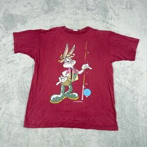 Sun Sportswear Mens L T-Shirt 1994 Looney Tunes Bugs Bunny Taz Fishing Maroon
